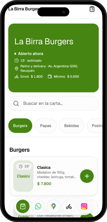 La carta de un local abierta en el celular, con productos y el carrito
